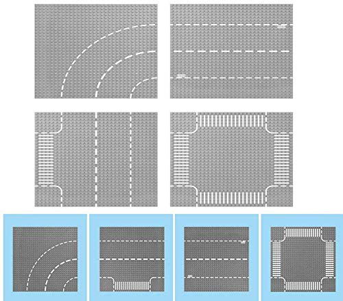 Juego de 4 piezas de Modbrix de placas base/de calles de ciudad – placas de 32 x 32 botones, 25,5 x 25,5 cm, para calles rectas, curvas y cruces de calle 