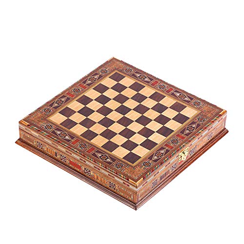 Juego de ajedrez de cobre antiguo egipcio para adultos, piezas hechas a mano y tablero de ajedrez de madera maciza natural con diseño de perla alrededor de la tabla y almacenamiento interior de