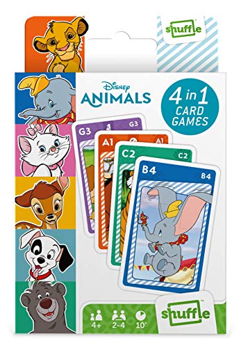 Juego de Cartas Shuffle Fun Disney Animals 4 en 1 - Baraja de Cartas con 4 Juegos de Snap, Familias, Parejas y Juego de Acción, Multicolor
