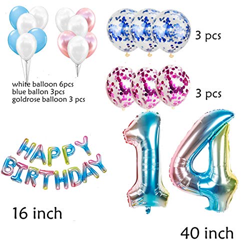 Juego de decoración de cumpleaños para mujer y hombre, arco iris, decoración de cumpleaños para 14 años, globos con guirnalda Happy Birthday para gender Reveal, hombre y mujer