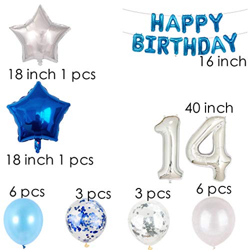 Juego de decoración para cumpleaños para niños de 14 años, color azul y plateado, para niños de 14 años, color azul y plateado