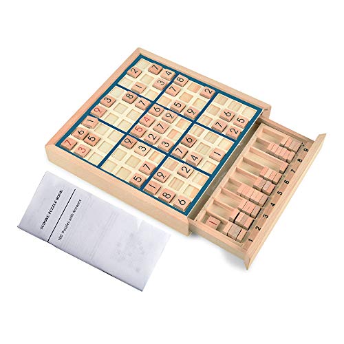Juego de Mesa de Madera Sudoku con cajón - con Libro de 100 Rompecabezas de Sudoku - Math Brain Teaser Desktop Toys