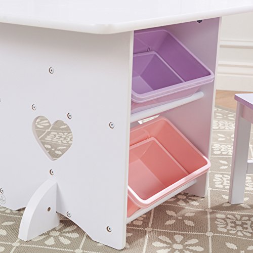 KidKraft-Heart Juego de mesa y 2 sillas de madera con corazón con compartimentos de almacenamiento, cuarto de juegos para niños / muebles de dormitorio, Color Blanco/Pastel (26913)