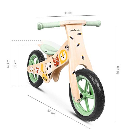 Lalaloom WILD BIKE - Bicicleta sin pedales de madera para niños de 2 años (diseño con animales, andador para bebe, correpasillos para equilibrio, sillín regulable con ruedas de goma EVA), color Verde
