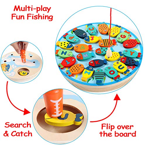 Lewo 2 en 1 Juego de Pesca 30 PCS Alfabeto Magnético de Madera Carta de Pesca Juguetes para 3 4 5 Años de Edad Niñas Niños Pequeños Cumpleaños Aprendizaje Educación Juguetes