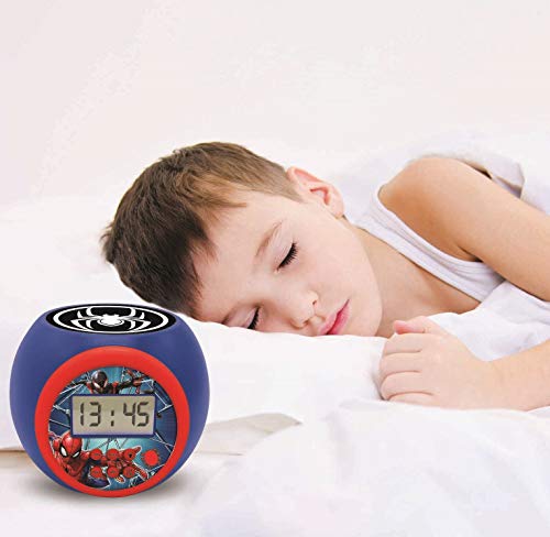 LEXIBOOK- Reloj Despertador con proyector Spiderman Marvel con función de repetición y Alarma, luz Nocturna con Temporizador, Pantalla LCD, batería, Azul/Rojo