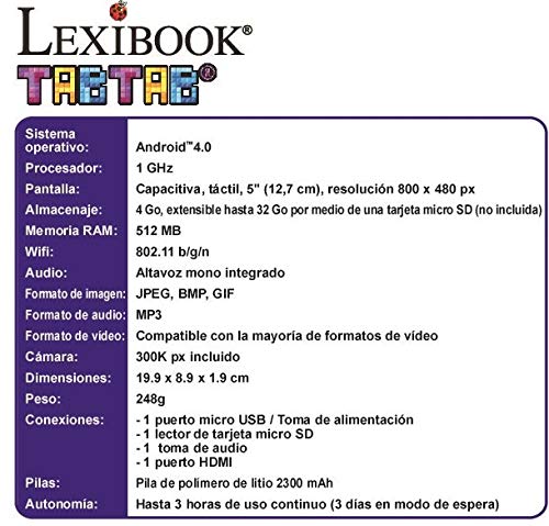 LEXIBOOK Tabtab Tablet Consola De Videojugos 5'', Camara Fotos Integrada, WiFi, Android, Contenido Educativo, Control Parental, Batería Recargable, Blanco Verde Mfc045Es