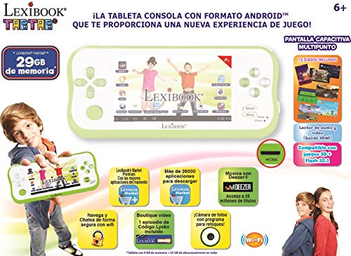 LEXIBOOK Tabtab Tablet Consola De Videojugos 5'', Camara Fotos Integrada, WiFi, Android, Contenido Educativo, Control Parental, Batería Recargable, Blanco Verde Mfc045Es