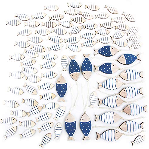 Logbuch-Verlag 70 minipeces decorativos de 4 cm + 16 peces colgantes de 7 cm, color azul y blanco natural, decoración marítima para esparcir en bautizos, comuniones y álbumes de recortes