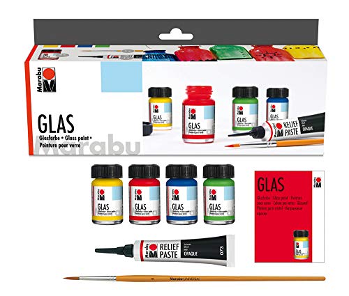 Marabu 130600087, Pintura de vidrio "Glas" 4 x 15 ml + cepillo + pasta en relieve Negro