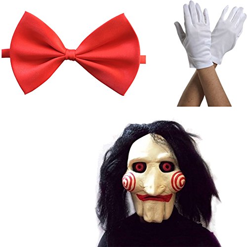 Máscara Saw Jigsaw con Pelo sintético + Corbata de moño + Guantes Carnaval y Halloween - Disfraz de Adulto - Mujeres Hombres