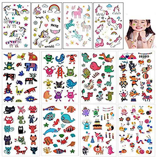 Mattelsen Tatuajes Temporales Niños Niñas Animales Unicornio 12 Hojas Tatuaje Falso Pegatinas Dibujos Animados para Infantiles de Cumpleaños Regalo