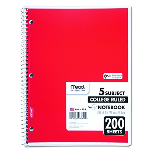 Mead 06780 - Cuaderno con espiral perforado, regla universitaria, 11 x 8, color blanco, 200 hojas