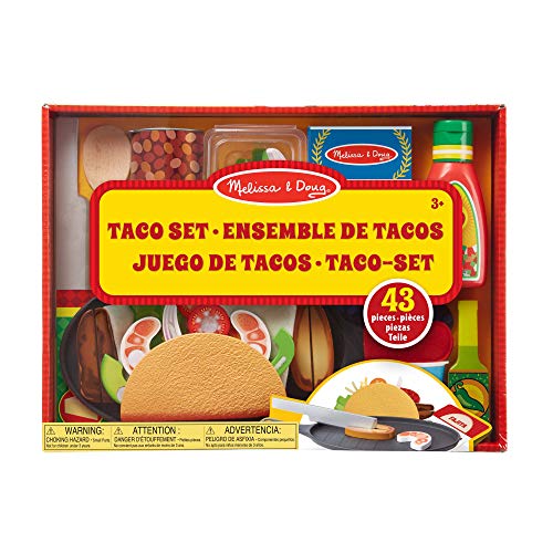 Melissa & Doug - Juego de tacos y tortilla para rellenar y doblar, comida de juguete, comida mexicana de juguete en madera, que se puede cortar en rodajas, 43 piezas, dimensiones: 31 x 9 x 41 cm