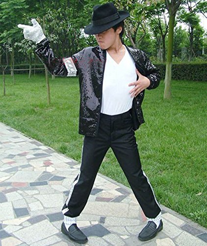 Michael Jackson Cosplay Kid Disfraz de Cosplay para Adultos 4pcs MJ Billie Jeans Jacket + Pant + Socks + Guante (W: 45-50kg H:150-160cm)