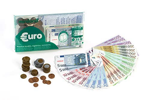 Miniland- Juego Didáctico Set Euro Cartera 28 Billetes y 80 Monedas, Color Real (154170)