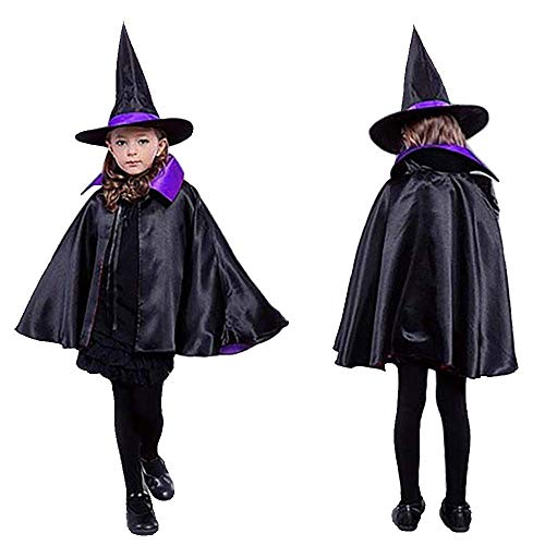 MMTX Capa y sombrero de bruja para fiesta de disfraces para niños, disfraz de Halloween, disfraz de disfraces, juego de rol, espectáculo escolar, capa de mago de doble cara para niños y niñas