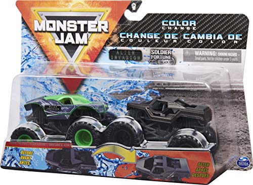 Monster Jam Oficial Alien Invasion vs. Soldado Fortune Black Ops Camiones Monstruos fundidos a presión Que cambian de Color, Escala 1:64