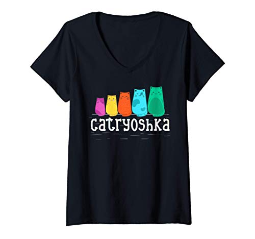 Mujer Catryoshka - Matryoshka gatos - Muñecas rusas lindas Camiseta Cuello V