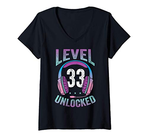 Mujer Gamer Girl Level 33 Unlocked Video Game 33th Birthday Gift Camiseta Cuello V
