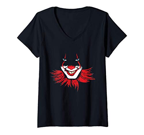 Mujer Payaso malvado de Halloween miedo Red Payasos Cara Camiseta Cuello V