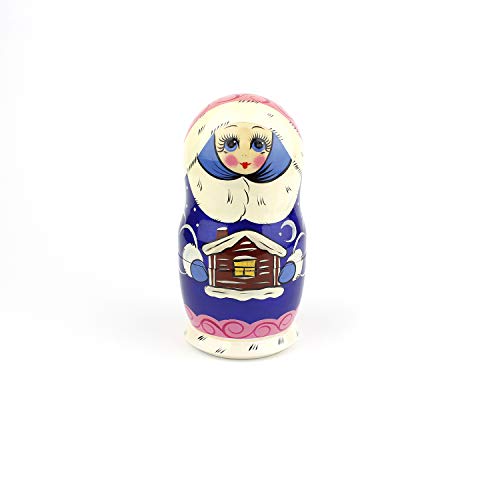 Muñecas Rusas, 5 Matrioskas de Estilo Chica de la Nieve | Muñeca Babushka de Madera, Diseño de Chica con Abrigo de Piel Azul, Hecha a Mano en Rusia | Chica de la Nieve, 5 Piezas, 16 cm