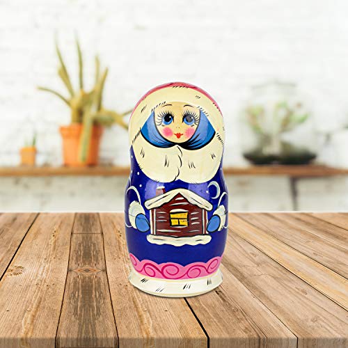 Muñecas Rusas, 5 Matrioskas de Estilo Chica de la Nieve | Muñeca Babushka de Madera, Diseño de Chica con Abrigo de Piel Azul, Hecha a Mano en Rusia | Chica de la Nieve, 5 Piezas, 16 cm