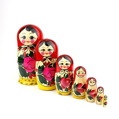 Muñecas Rusas, 7 Matrioskas Rojas de Estilo Semiónov Clásico | Muñeca Babushka de Madera Hecha a Mano en Rusia | Semiónov Rojo, 7 Piezas, 18 cm