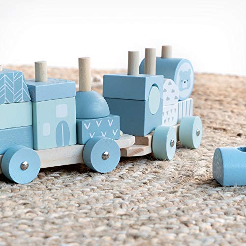 Navaris Tren de Madera para niños - Tranvía para bebé con Cordel de Arrastre 3 Bloques y 20 Piezas para Jugar - Ferrocarril de Juguete con Ruedas