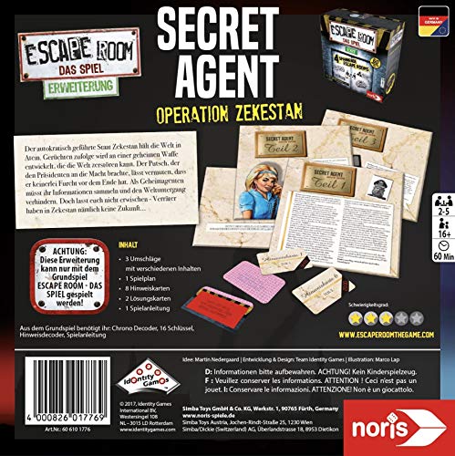 Noris 606101776 Escape Room Ampliación Secret Agent - Juego Familiar y de Sociedad para Adultos - Solo se Puede Jugar con el decodificador Chrono - a Partir de 16 años
