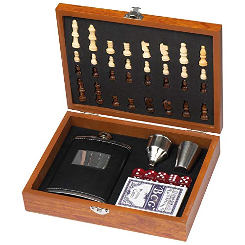 noTrash2003 Juego de petaca y juego de juego de póquer y dados en caja de madera con ajedrez – El juego perfecto para hombres