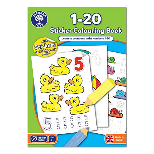 Orchard Toys Libro de colorear para colorear de 1 a 20 pegatinas, libro educativo para colorear, rastrear y escribir números de 1 a 20 a 4 años +