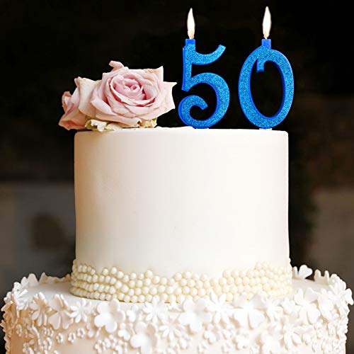 Party & Co. Velas para tarta de 50 años, para fiesta de cumpleaños o aniversario, ideal tanto para hombre como para mujer, 12 cm, color azul brillante
