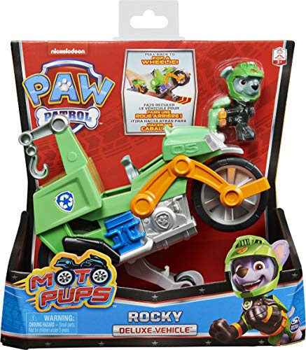 PAW PATROL Moto Pups Rocky’s Deluxe Pull Back Motorcycle Vehicle with Wheelie Feature and Figure Rocky's Vehículo de Motocicleta con Ruedas (Spin Master 6060545)