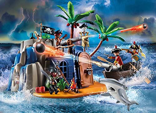 PLAYMOBIL Pirates 70556 - Isla Pirata con escondite del Tesoro y Barco Flotante, para niños de 4 a 10 años
