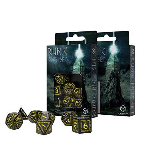 Q Workshop Runic Black & Yellow RPG Dice Set 7 Polyhedral Pieces
