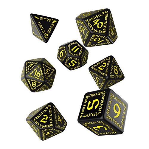Q Workshop Runic Black & Yellow RPG Dice Set 7 Polyhedral Pieces