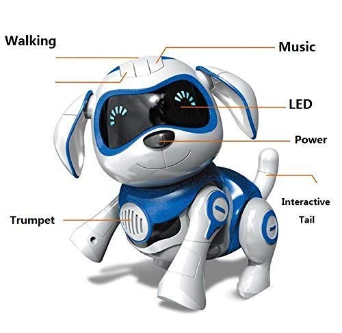 RCTecnic Perro Robot para Niños Rock Perrito de Juguete Interactivo con Emociones y Movimiento, Ladra y Juega con su Hueso, Batería Recargable y Cable USB Muy Resistente y Divertido (Azul)