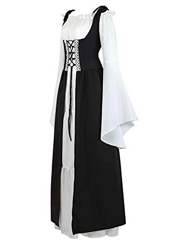 renacentista Vestido Medieval Mujer Vintage Victoriano gotico Manga Larga de Llamarada Disfraz Princesa Negro M