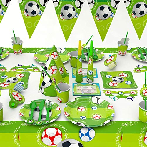RPARTY Decoraciones Fútbol y Vajilla Papel Fiesta Feliz Cumpleaños para Niños 16 Invitados El Juego de 78 Piezas Incluye Platos, Vasos, Mantel, Servilletas,Guirnalda