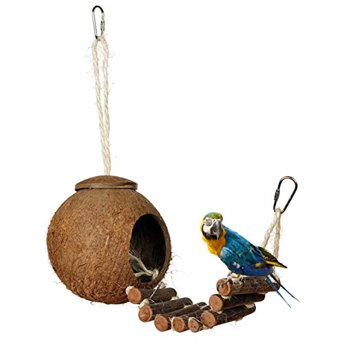 Sairis Cómodo diseño Lindo Concha de Coco Natural Casa de anidación de Aves Periquitos para Mascotas de tamaño pequeño Pinzones Gorriones Jaula con Escalera