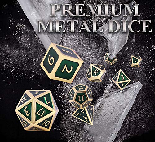 Schleuder Dados de rol de Dungeons and Dragons, Poliedricos DND 7 Piezas Dice Set Metal D&D Juego de rol para Mazmorras y MTG, RPG Dice Gaming (Gold & Dark Green)