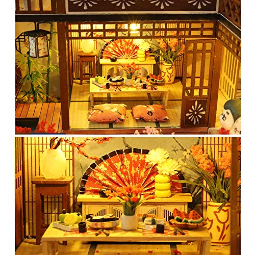 Septiembre - Casa de muñecas retro estilo japonés en miniatura con muebles, kit de casa de muñecas de madera con luz LED, escala 1:24 para regalo de cumpleaños
