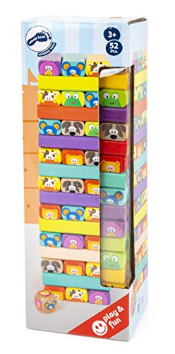 Small Foot 11973 Torre de Bloques Infantil de Madera, 52 piezas de juego con caras divertidas de animales