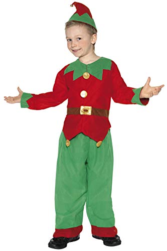 Smiffys-24507s Disfraz de Elfo, con Parte de Arriba, pantalón y Gorro, Color Rojo y Verde, S-Edad 4-6 años (Smiffy'S 24507S)