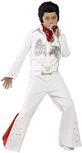 Smiffys 36104M-Traje de Elvis para niños , traje y bufanda, blanco, M - Edad 7-9 años