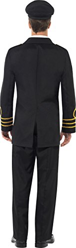 Smiffys-38818L Disfraz de Oficial de la Marina, Hombre, Chaqueta, Pantalones, Camisa postiza y Gorro, Color Negro, L-Tamaño 42"-44" (Smiffy'S 38818L)