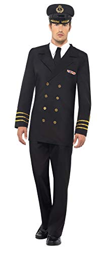 Smiffys-38818L Disfraz de Oficial de la Marina, Hombre, Chaqueta, Pantalones, Camisa postiza y Gorro, Color Negro, L-Tamaño 42"-44" (Smiffy'S 38818L)
