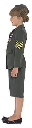 Smiffy's-41104L de la Segunda Disfraz de Chica del Ejercito de la 2a Guerra Mundial, Caqui, con Chaqueta, Falda, cinturón acoplado y Gorro, Color Verde, L-Edad 10-12 años (41104L)