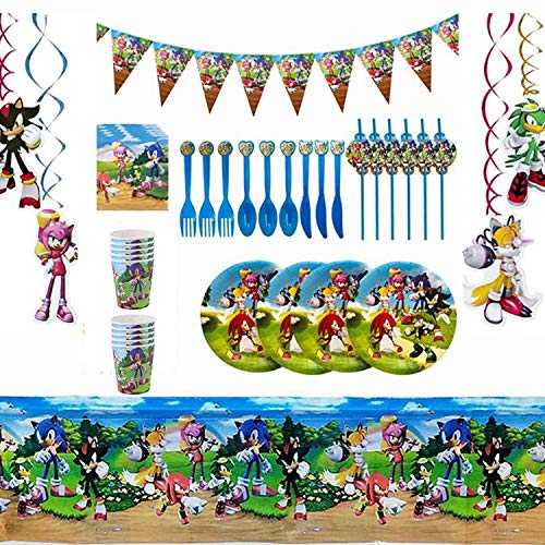 Sonic The Hedgehog Party Supplies Juego de decoración 82 Piezas Suministros de Fiesta Sonic Party Vajilla Paquetes Incluye Flatwares, Tazas, manteles, servilletas, pancartas para 10 niños
